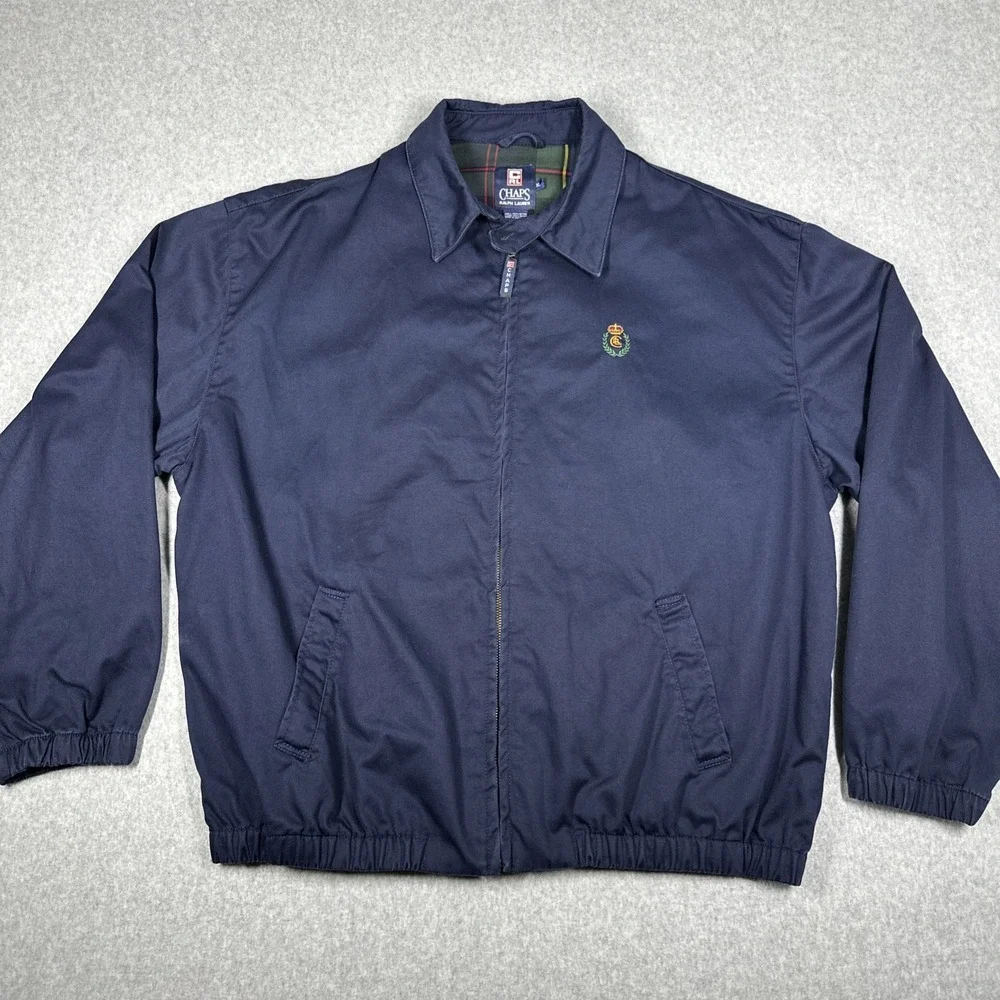 Vintage Chaps Ralph Lauren XL Harrington Jacket Navy Blue Crest Logo Plaid Lined